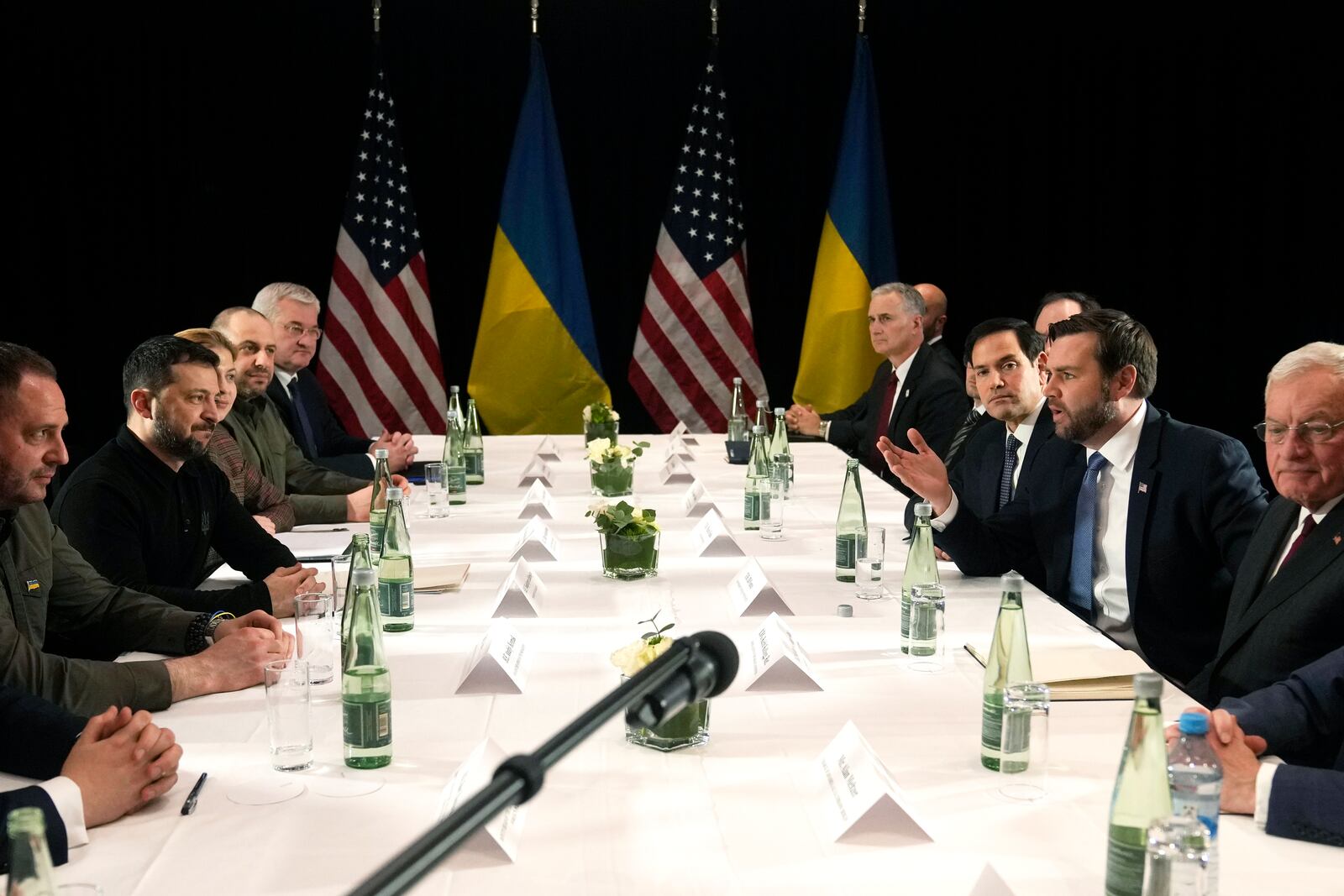 United States Vice-President JD Vance, second right, and United States Secretary of State Marco Rubio, third right, meet with Ukraine's President Volodymyr Zelenskyy, second left, during a bilateral meeting on the sidelines of the Munich Security Conference in Munich, Germany, Friday, Feb. 14, 2025. (AP Photo/Matthias Schrader)