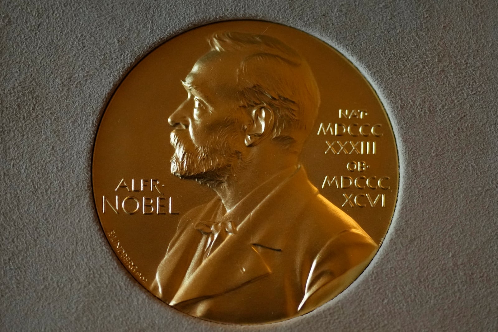 FILE - A Nobel Prize medal is displayed before a ceremony at the Swedish Ambassador's Residence in London, Monday, Dec. 6, 2021. (AP Photo/Matt Dunham, File)