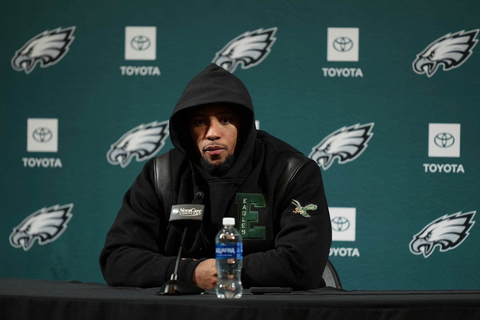 Philadelphia Eagles running back Saquon Barkley speaks during an NFL football news conference in Philadelphia, Thursday, Jan. 30, 2025, ahead of Super Bowl LIX against the Kansas City Chiefs. (AP Photo/Matt Rourke)