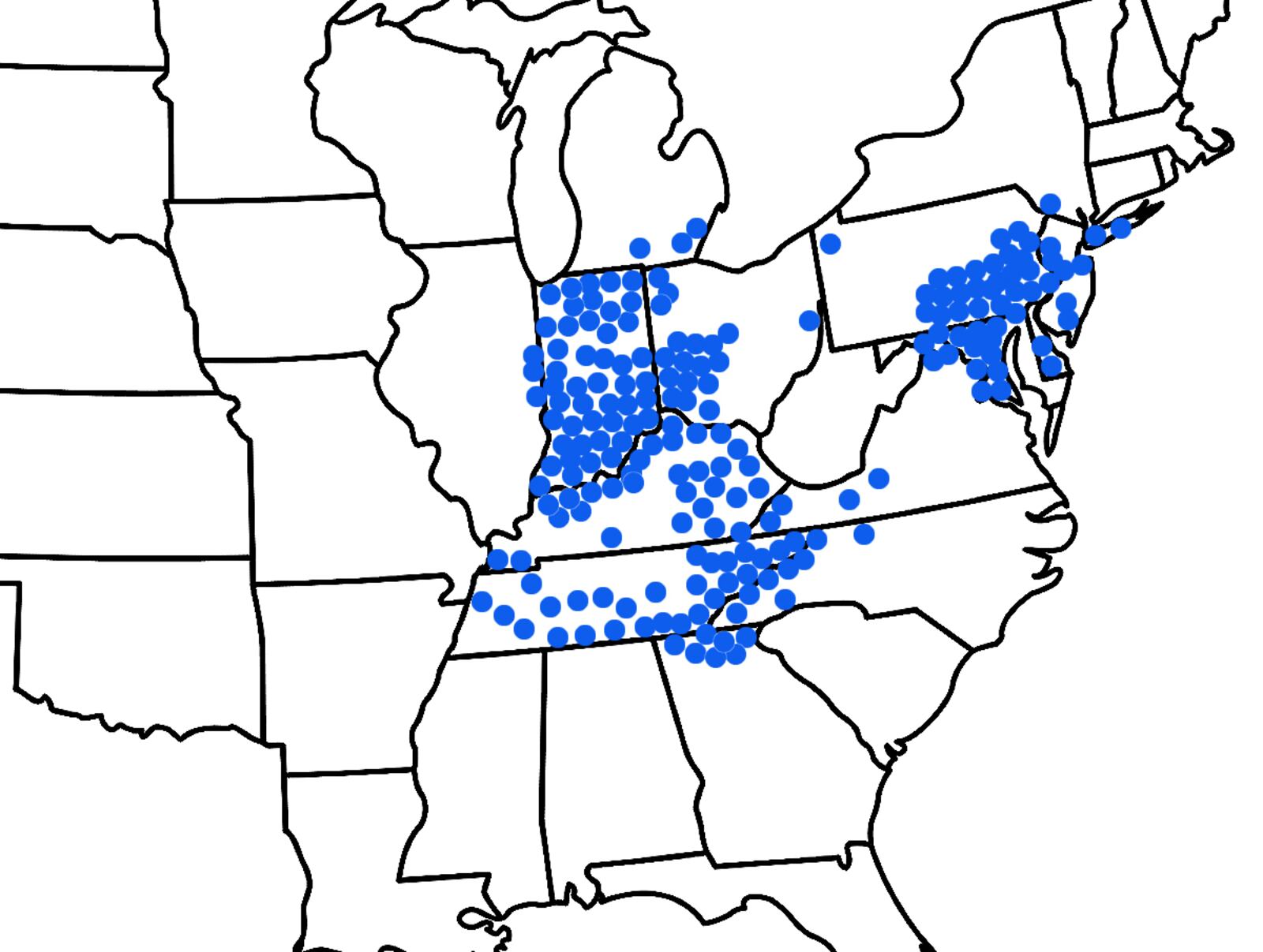 A map of where cicadas are expected to emerge this summer. Courtesy of Gene Kritsky, Mount St. Joseph's University.