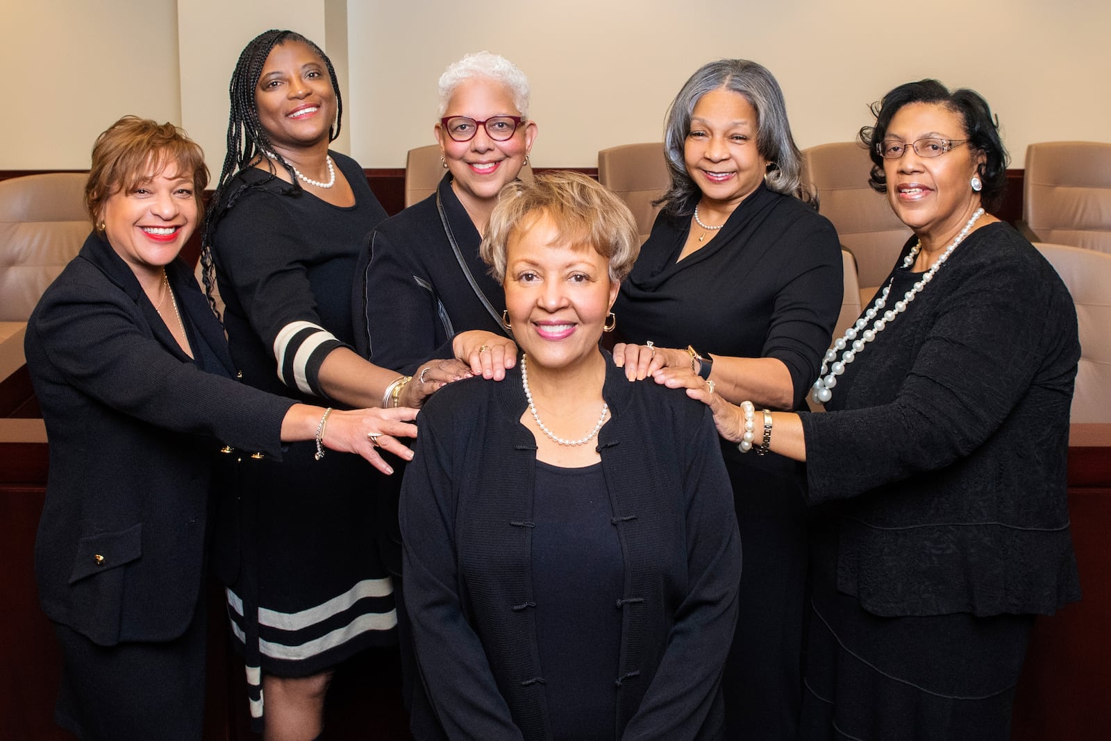 Judge Alice O. McCollum center with (left to right)  judges Mia Spells,  Deirdre Logan,  Frances McGee, Denise Cross and Adele Riley .