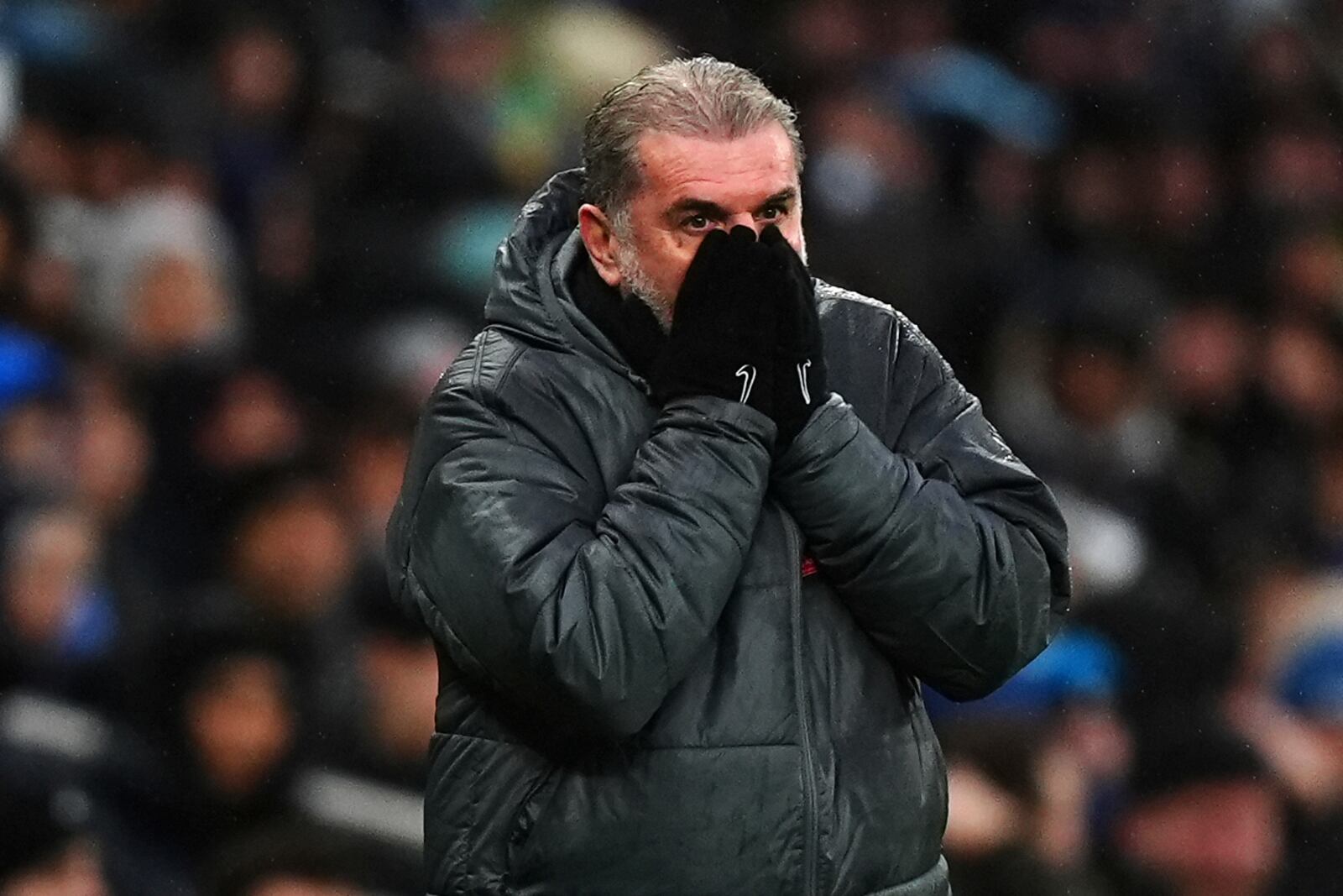 Tottenham Hotspur manager Ange Postecoglou reacts, during the English Premier League soccer match between Tottenham Hotspur and Leicester City, at Tottenham Hotspur Stadium, London, Sunday, Jan. 26, 2025. (Mike Egerton/PA via AP)