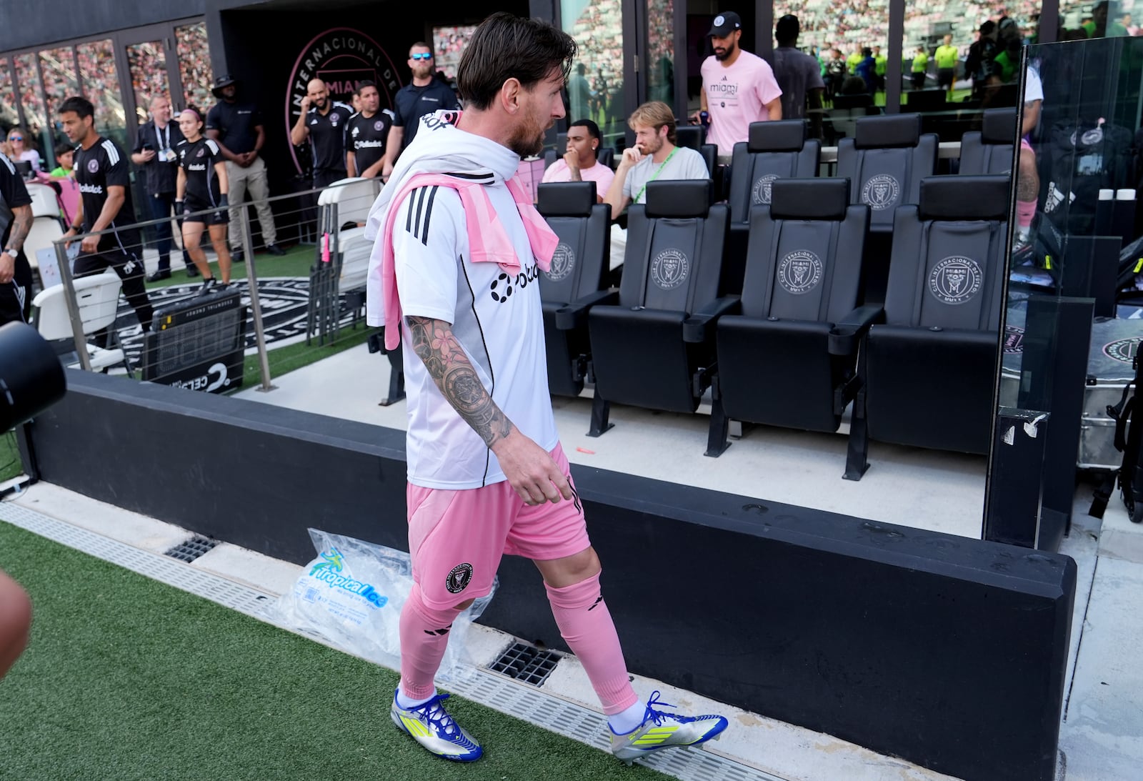 Inter Miami forward Lionel Messi walks to the sideline before an MLS soccer match against Charlotte FC, Sunday, March 9, 2025, in Fort Lauderdale, Fla. (AP Photo/Lynne Sladky)