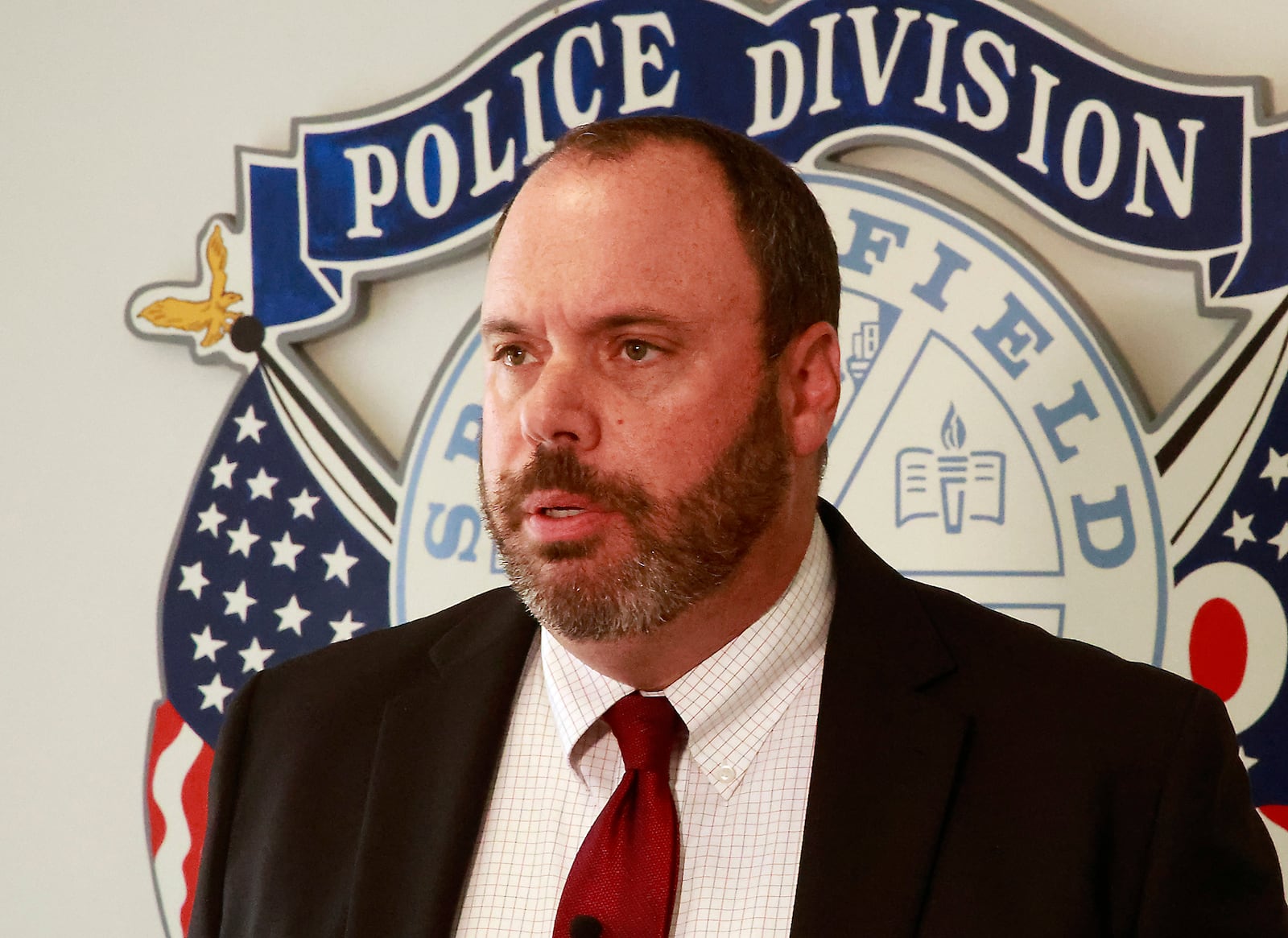 Sgt. James Byron, of the Springfield Police Division, talks during a press conference Monday, August 5, 2024 about the three people who were shot near the intersection of York Street and Kenton Street Saturday evening. BILL LACKEY/STAFF