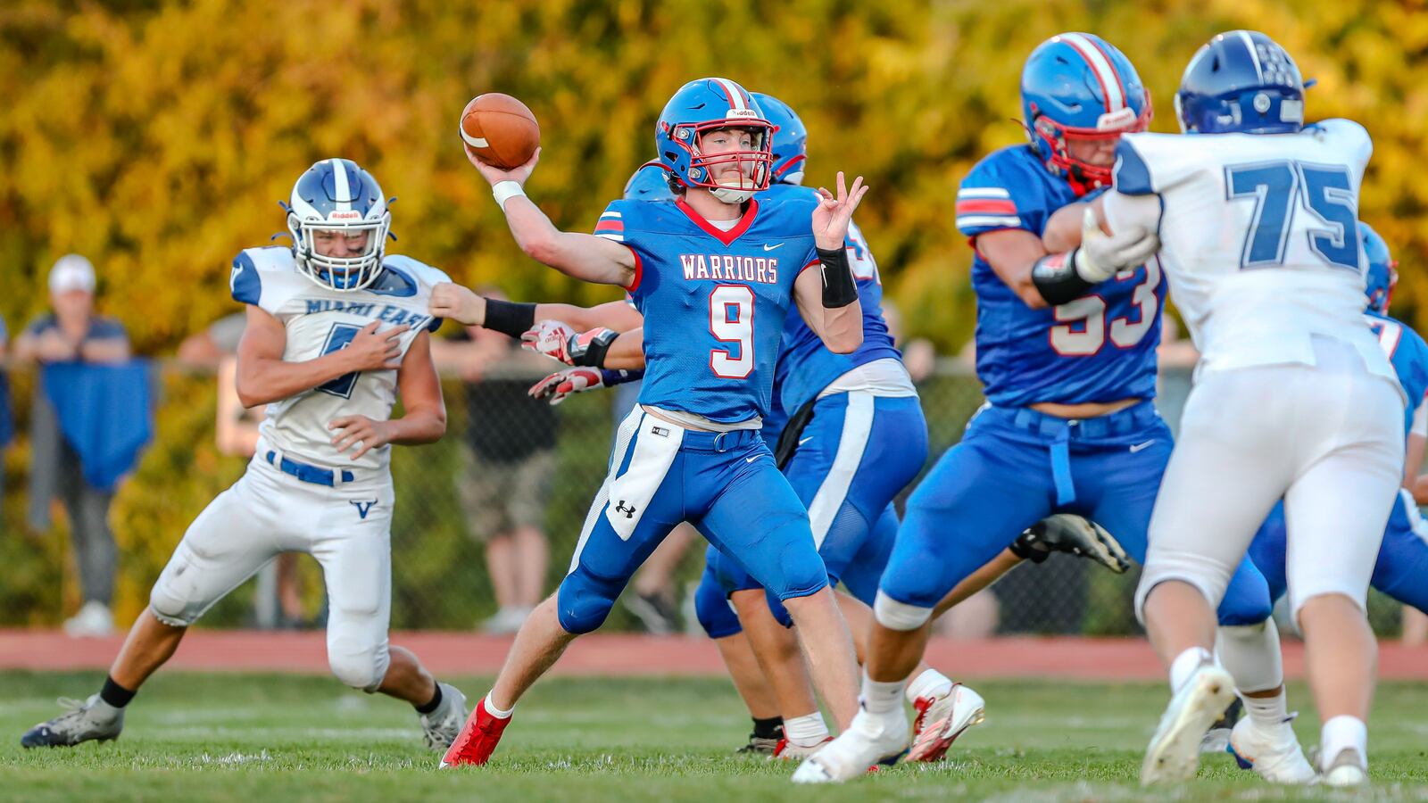 Northwestern High School junior Ried Smith throws the ball during their game against Miami East on Thursday night at Taylor Field in Springfield. The Vikings won 21-20. Michael Cooper/CONTRIBUTED