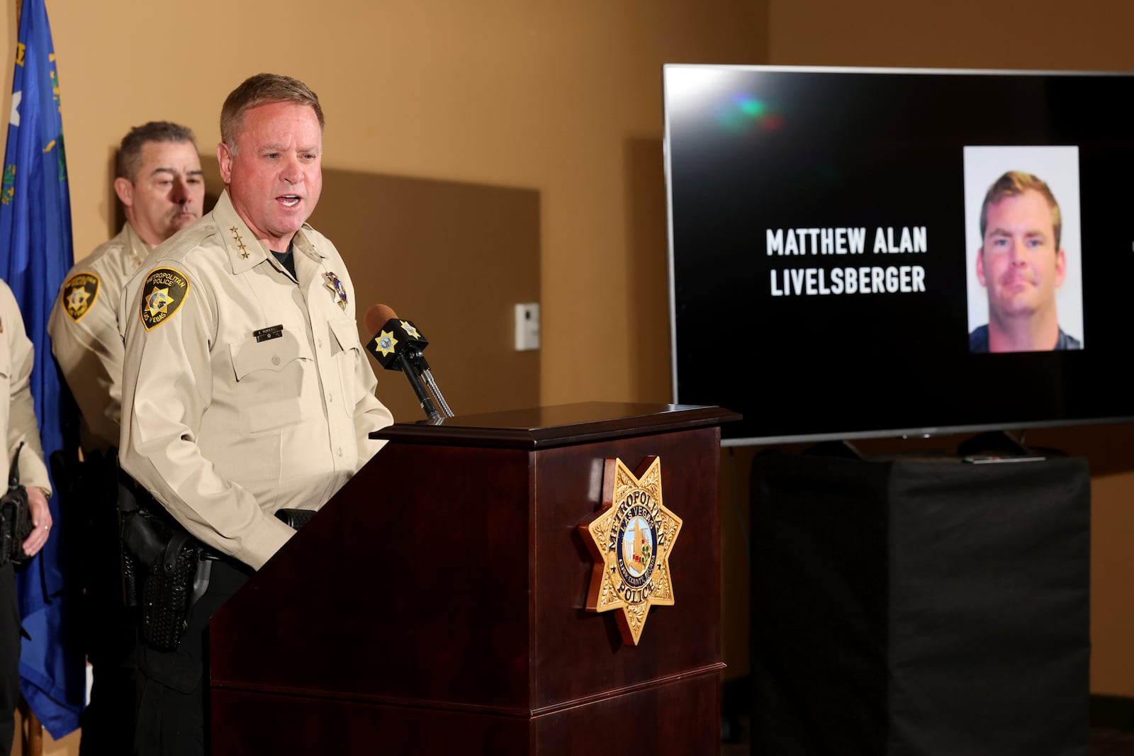 Clark County Sheriff Kevin McMahill updates the media at Metropolitan Police Department headquarters in Las Vegas Thursday, Jan. 2, 2025, regarding the Tesla Cybertruck that exploded at the Trump International Hotel. (K.M. Cannon/Las Vegas Review-Journal via AP)