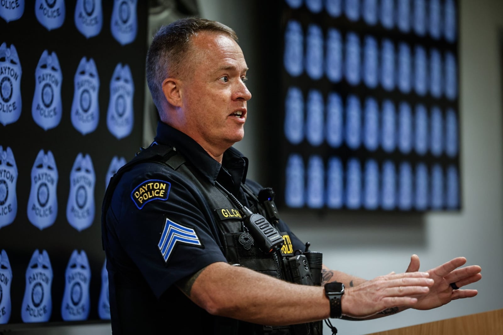 Sgt. Gordon Cairns, Dayton Police Department Traffic Services Unit supervisor, held a press conference Wednesday, May 1, 2024, at the safety building. Cairns talked about motorcycle safety, high school prom season and pedestrian accidents. JIM NOELKER/STAFF