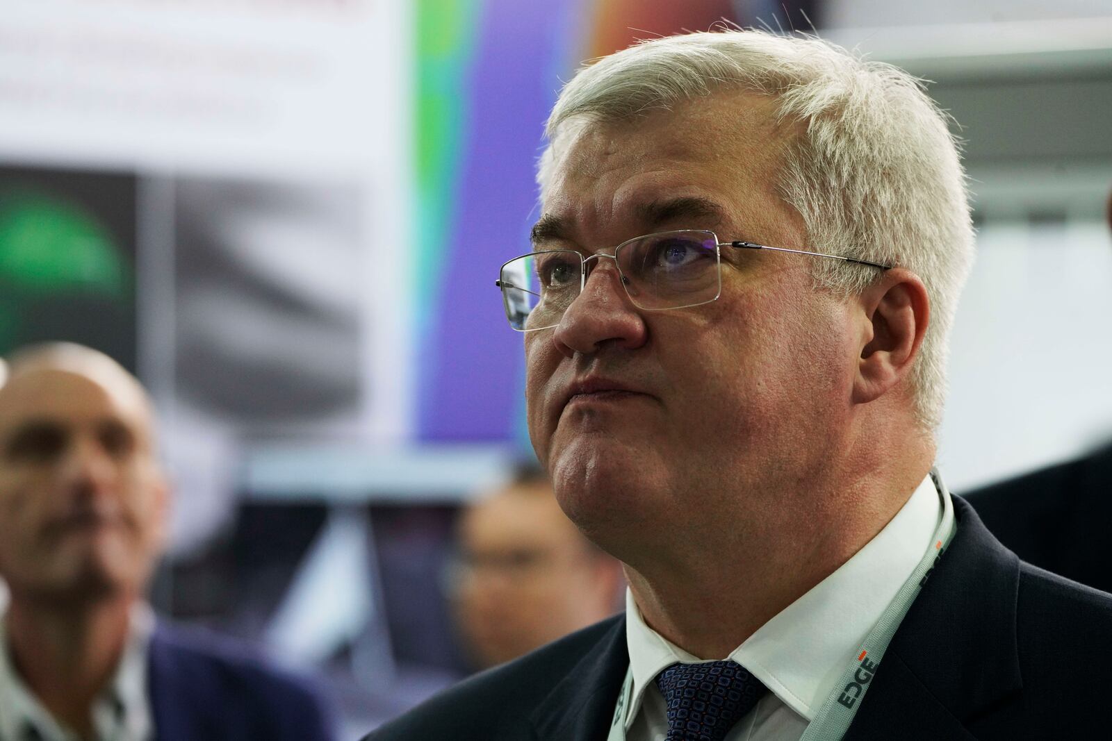 Ukrainian Foreign Minister Andrii Sybiha looks at a stand showing Ukrainian weapons at the biennial International Defense Exhibition and Conference arms show in Abu Dhabi, United Arab Emirates, Monday, Feb. 17, 2025. (AP Photo/Jon Gambrell)