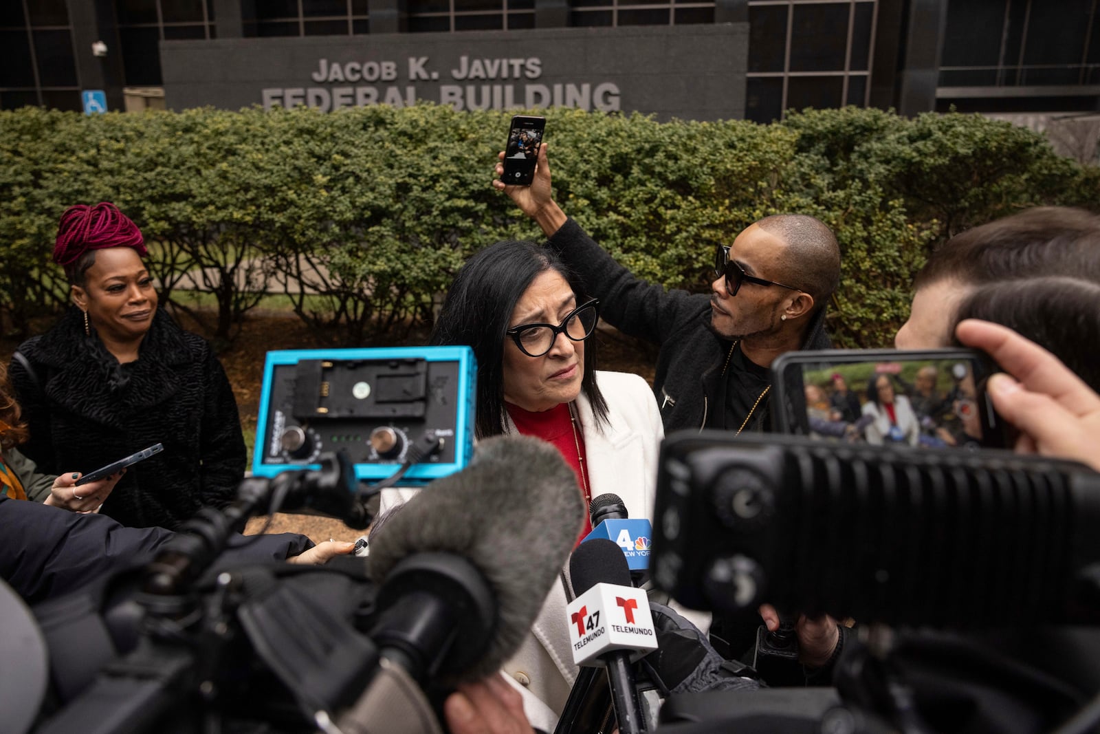 CORRECTS IDENTIFICATION TO JOANN ARIOLA FROM VICKIE PALADINO - A member of the New York City Council Joann Ariola speaks to the members of the media outside the Federal Plaza, Thursday, Feb. 13, 2025, in New York. (AP Photo/Yuki Iwamura)