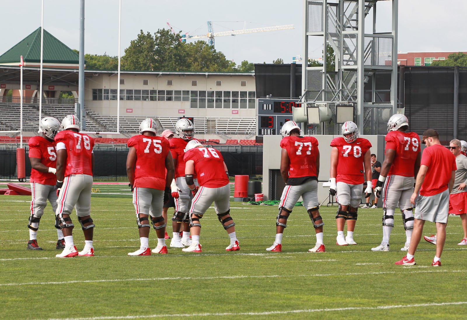 Ohio State is trying out a new look offensive line with (L-R) Nicholas Petit-Frere, Thayer Munford, Harry Miller, Paris Johnson Jr. and Dawand Jones.