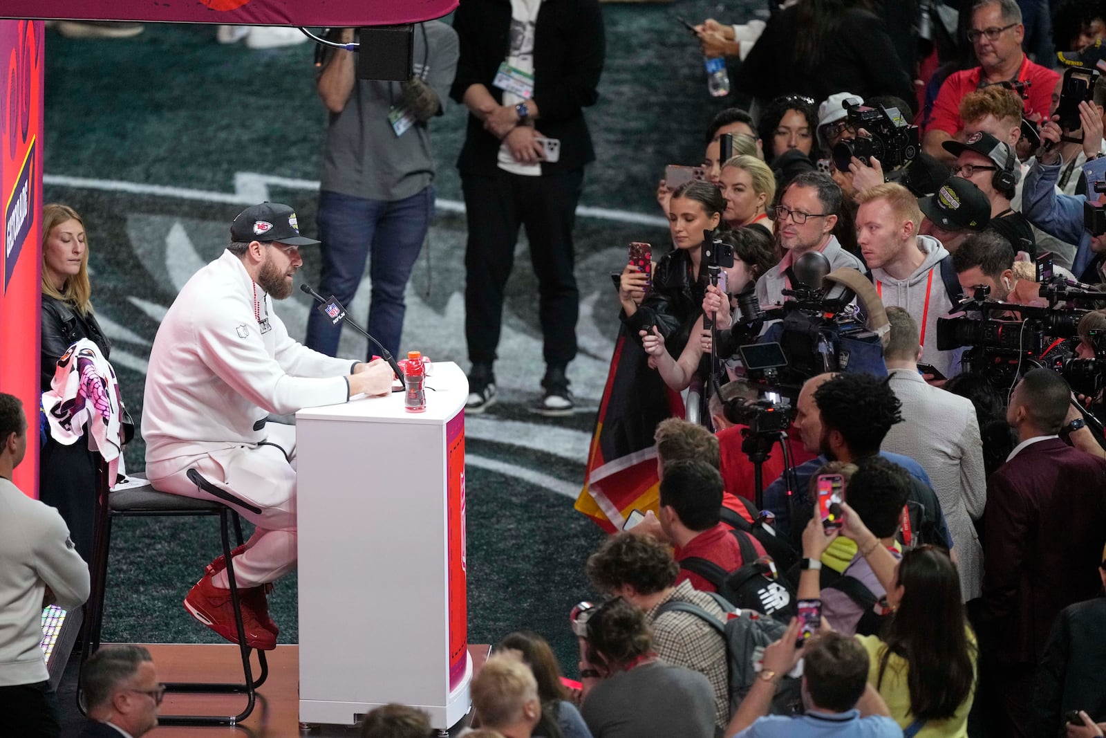 Kansas City Chiefs tight end Travis Kelce participates during Super Bowl 59 Opening Night, Monday, Feb. 3, 2025, in New Orleans, ahead of the NFL football game between the Philadelphia Eagles and the Kansas City Chiefs Sunday. (AP Photo/Godofredo A. Vásquez)