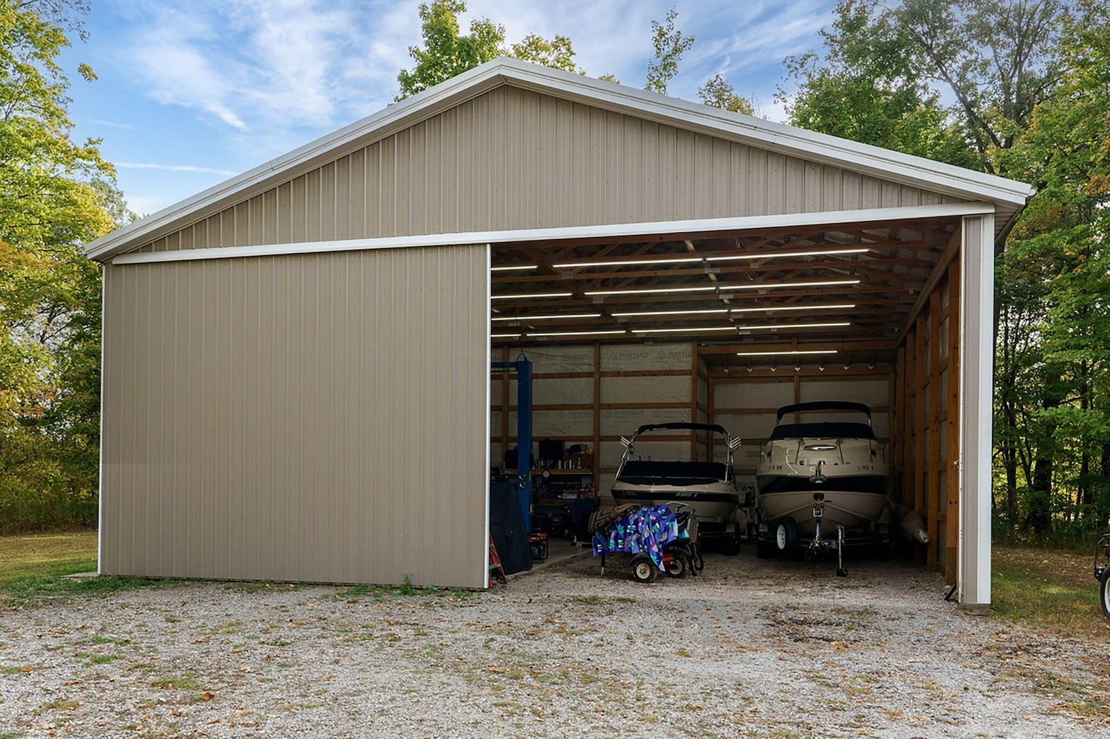 The 40'x40' pole barn has room for boats, RVs and other vehicles.