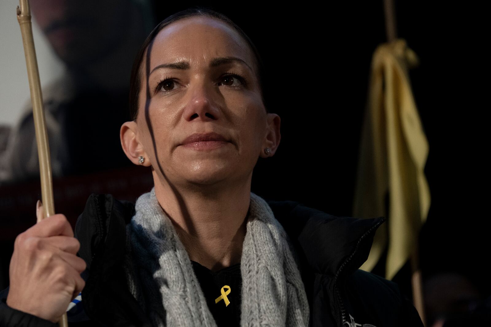 Yael Alexander, whose son, Edan, was taken hostage by Hamas militants on Oct. 7, 2023, takes part in a weekly rally for families of hostages held in the Gaza Strip and their supporters, in Tel Aviv, Israel, Saturday, Feb. 22, 2025. (AP Photo/Maya Alleruzzo)