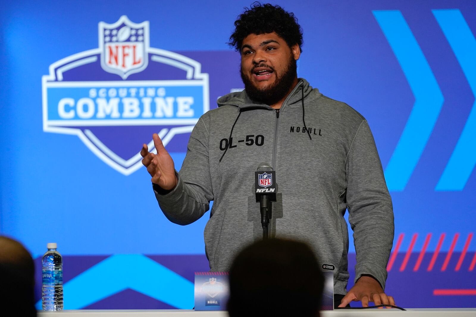 Tennessee offensive lineman Darnell Wright speaks during a news conference at the NFL football scouting combine, Saturday, March 4, 2023, in Indianapolis. (AP Photo Erin Hooley)