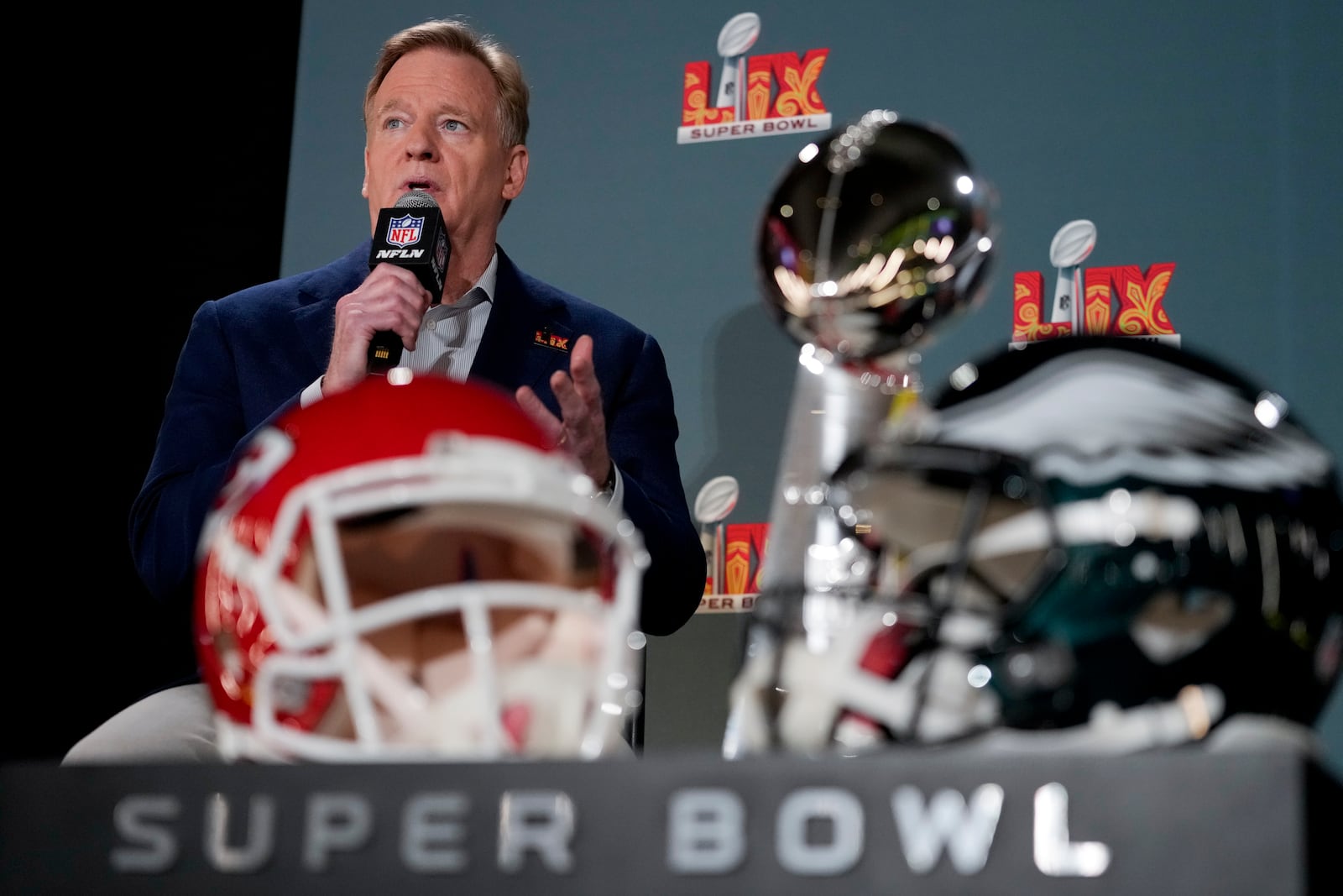 NFL commissioner Roger Goodell speaks during a news conference, Monday, Feb. 3, 2025, in New Orleans, ahead of the NFL Super Bowl 59 football game between the Philadelphia Eagles and the Kansas City Chiefs. (AP Photo/Matt York)