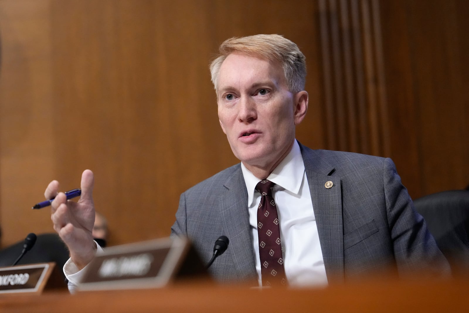 Sen. James Lankford, R-Okla., speaks at the Senate Finance Committee confirmation hearing for Scott Bessent, President-elect Donald Trump's choice to be Secretary of the Treasury, at the Capitol in Washington, Thursday, Jan. 16, 2025. (AP Photo/Ben Curtis)