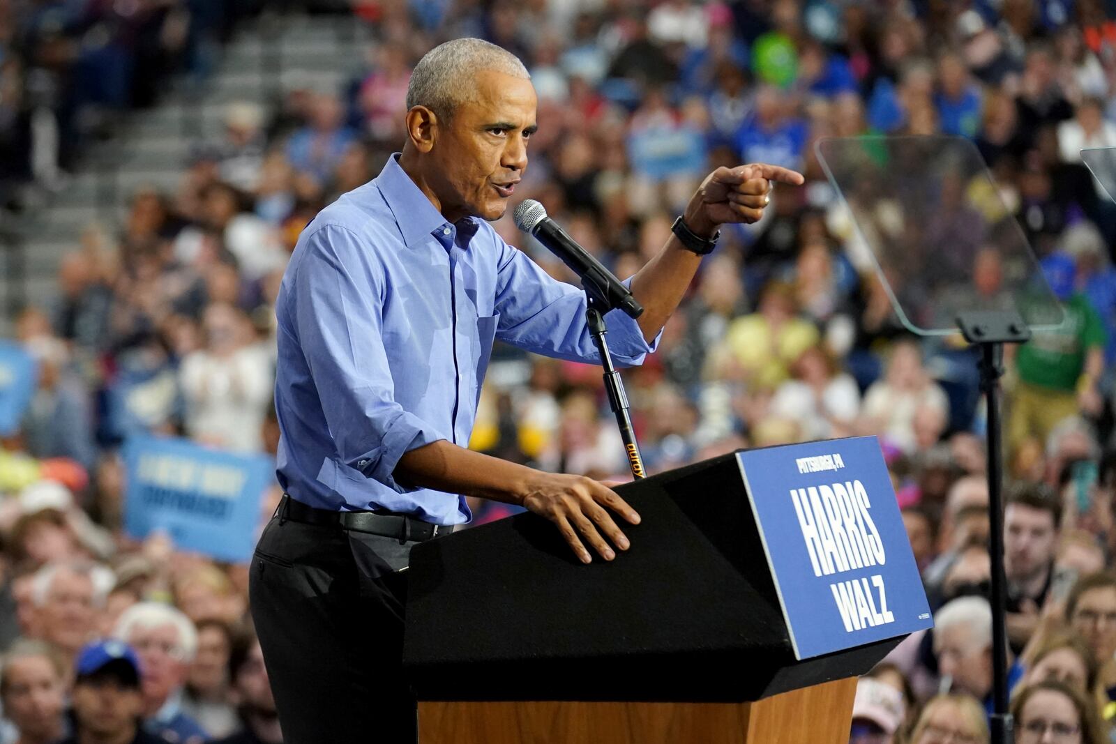 Former President Barack Obama speaks during a campaign rally supporting Democratic presidential nominee Vice President Kamala Harris, Thursday, Oct. 10, 2024, at the University of Pittsburgh's Fitzgerald Field House in Pittsburgh. (AP Photo/Matt Freed)