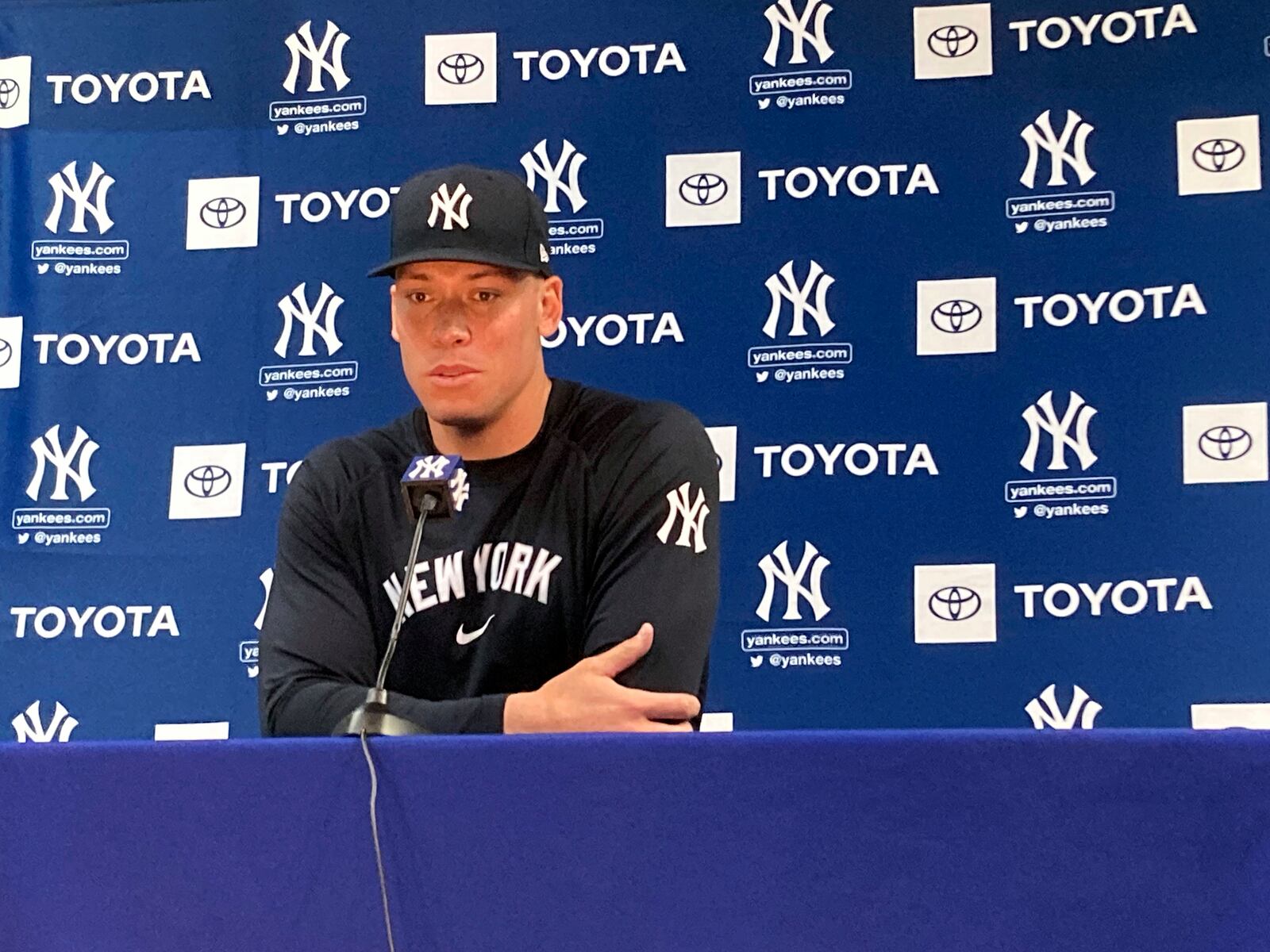 Aaron Judge speaks after his first spring training workout of the year with the New York Yankees, Monday, Feb. 17, 2025, in Tampa, Fla. (AP Photo/Ron Blum)