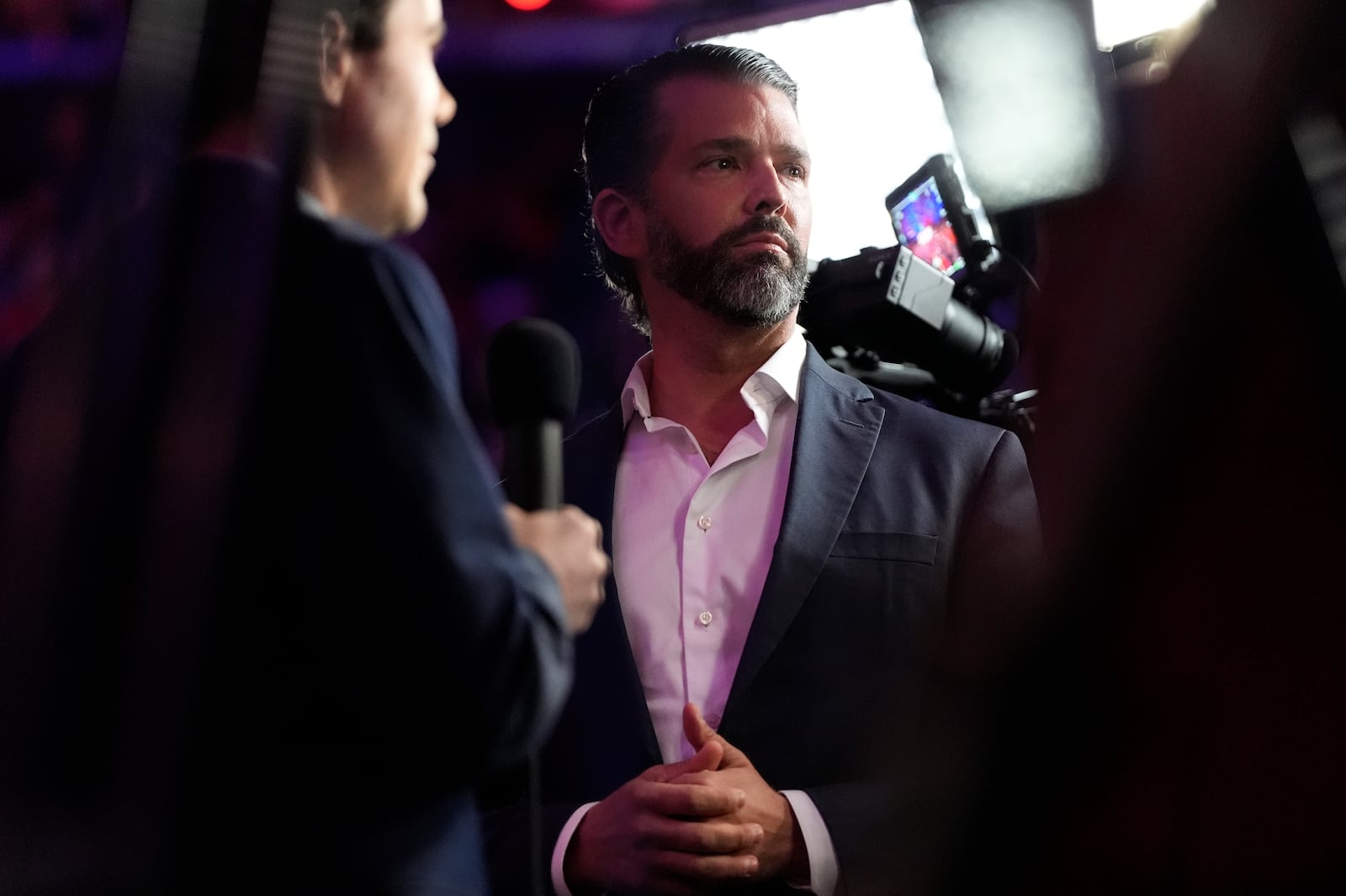 FILE - Donald Trump Jr. attends a rally for his father, Republican presidential nominee former President Donald Trump, at Madison Square Garden, Oct. 27, 2024, in New York. (AP Photo/Julia Demaree Nikhinson, File)