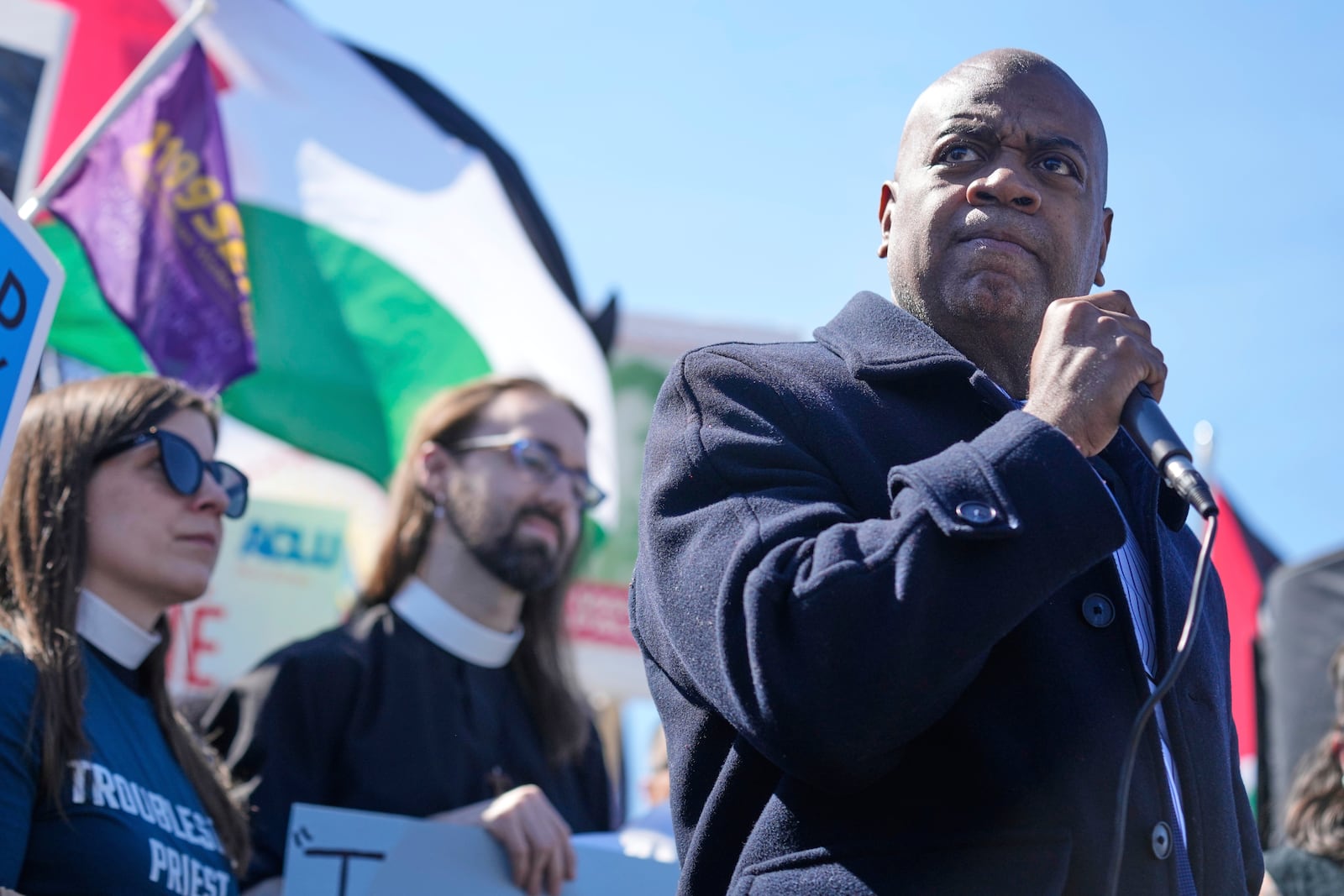 Newark mayor and gubernatorial candidate Ras Baraka speaks during a protest in front of of Delaney Hall, the proposed site of an immigrant detention center, in Newark, N.J., Tuesday, March 11, 2025. (AP Photo/Seth Wenig)