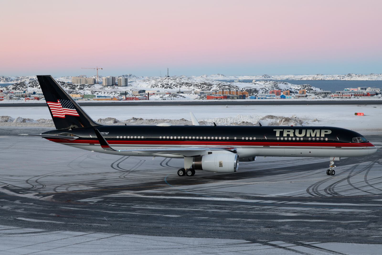 A plane carrying Donald Trump Jr. lands in Nuuk, Greenland, Tuesday, Jan. 7, 2025. (Emil Stach/Ritzau Scanpix via AP)