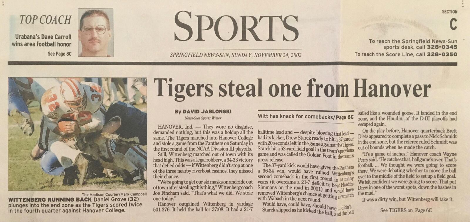 Wittenberg vs. Hanover in 2002 News-Sun.