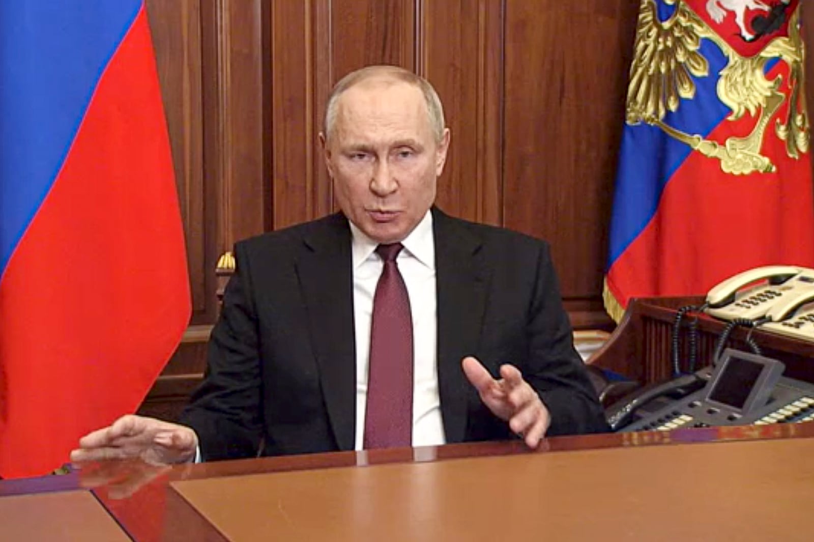 FILE - In this image made from video released by the Russian Presidential Press Service, Russian President Vladimir Putin addresses the nation in Moscow, Russia, Thursday, Feb. 24, 2022. (Russian Presidential Press Service via AP, File)