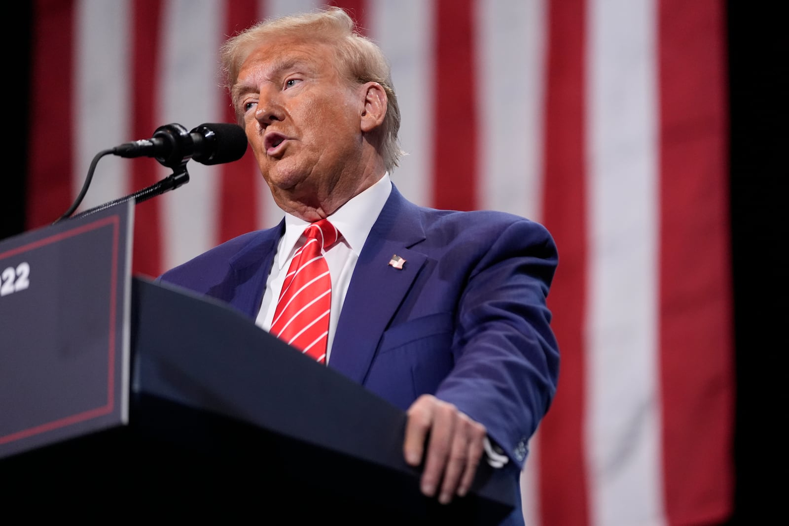 Republican presidential nominee former President Donald Trump speaks at a campaign event at the Cobb Energy Performing Arts Centre, Tuesday, Oct. 15, 2024, in Atlanta. (AP Photo/Alex Brandon)