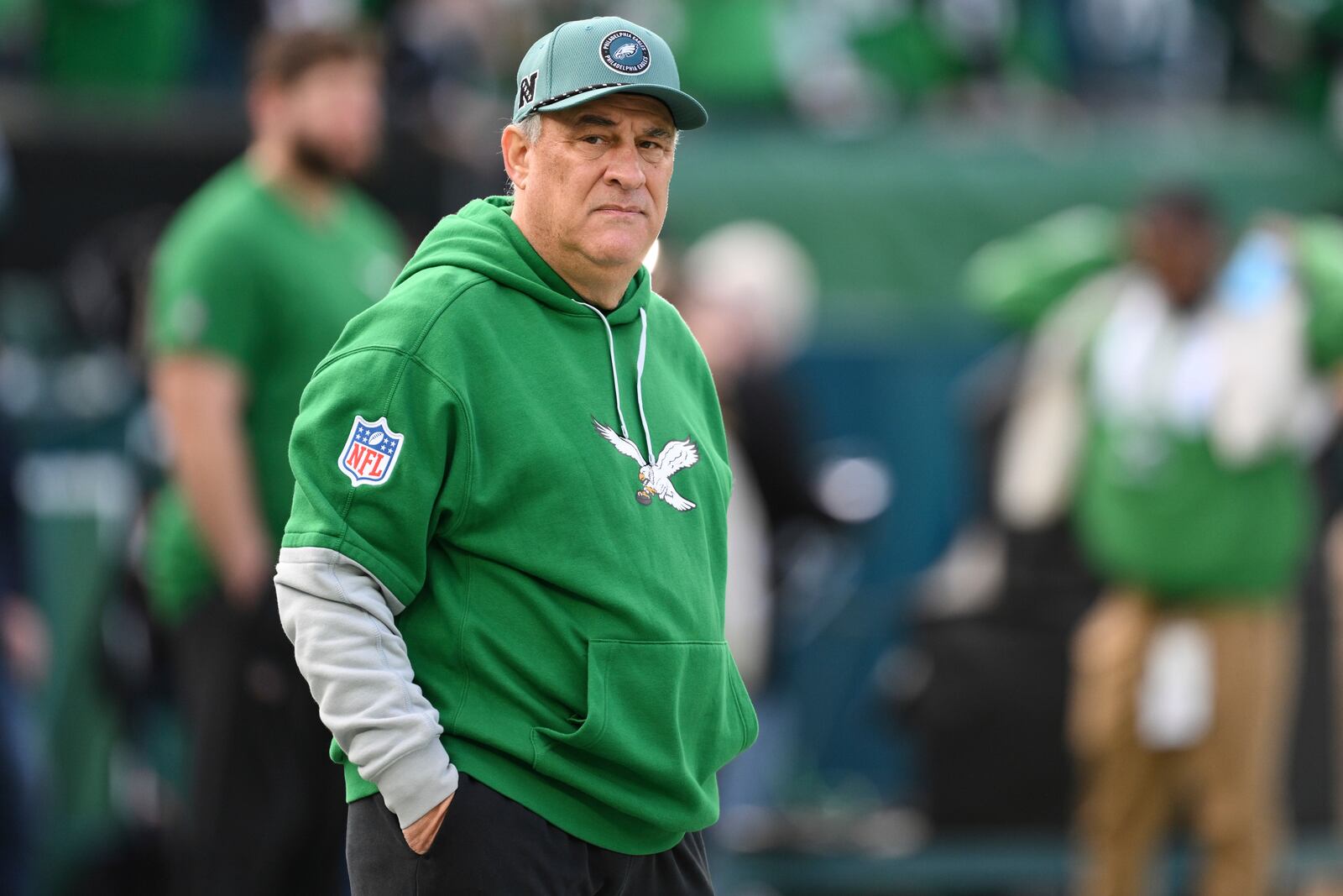 FILE - Philadelphia Eagles defensive coordinator Vic Fangio looks on before an NFL football game against the Dallas Cowboys, Sunday, Dec. 29, 2024, in Philadelphia. (AP Photo/Terrance Williams, File)