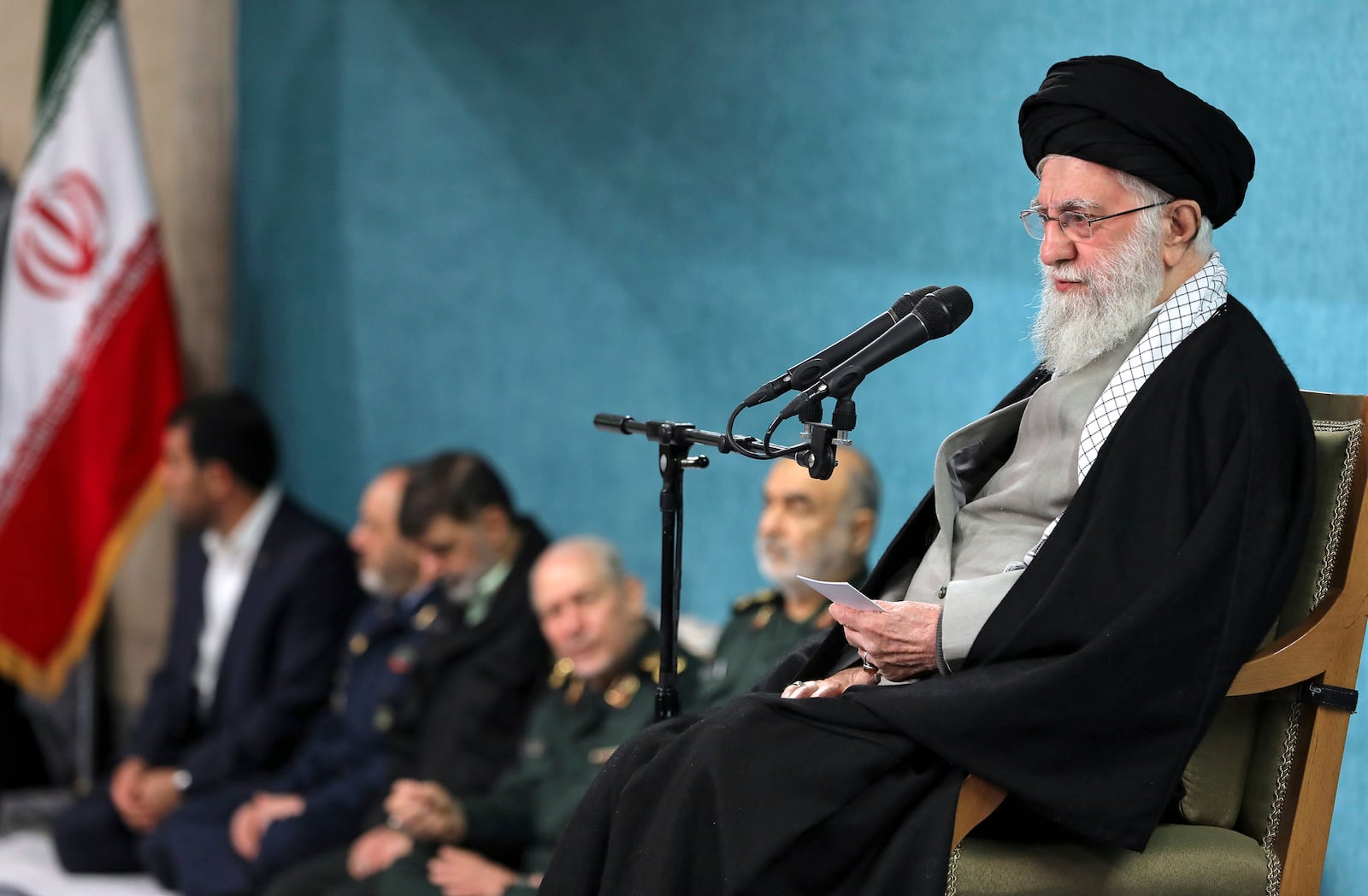 In this photo released by an official website of the office of the Iranian supreme leader, Supreme Leader Ayatollah Ali Khamenei speaks in a ceremony meeting a group of officials, in Tehran, Iran, Saturday, March 8, 2025. (Office of the Iranian Supreme Leader via AP)