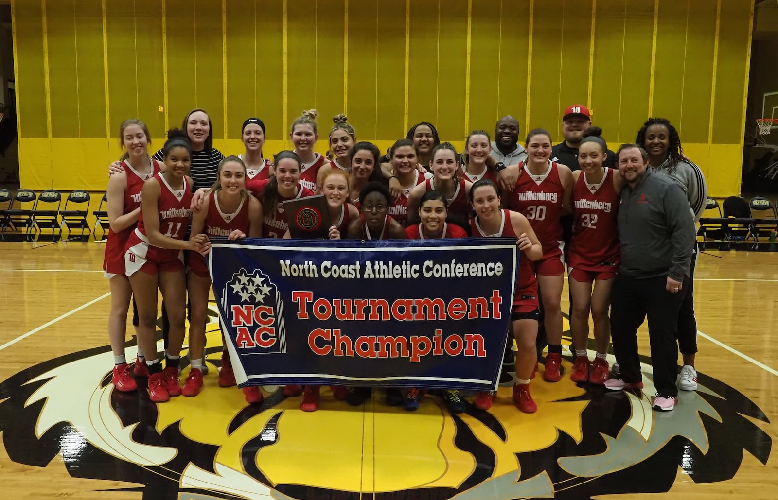 Wittenberg celebrates after winning the NCAC women's basketball championship on Saturday, Feb. 26, 2022, in Greencastle, Ind. Photo courtesy of Wittenberg