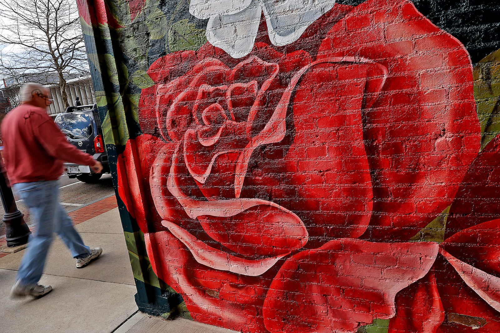 A man walks past the Rose City mural as he travels down the sidewalk along Main Street in Springfield Tuesday, March 7, 2023. BILL LACKEY/STAFF