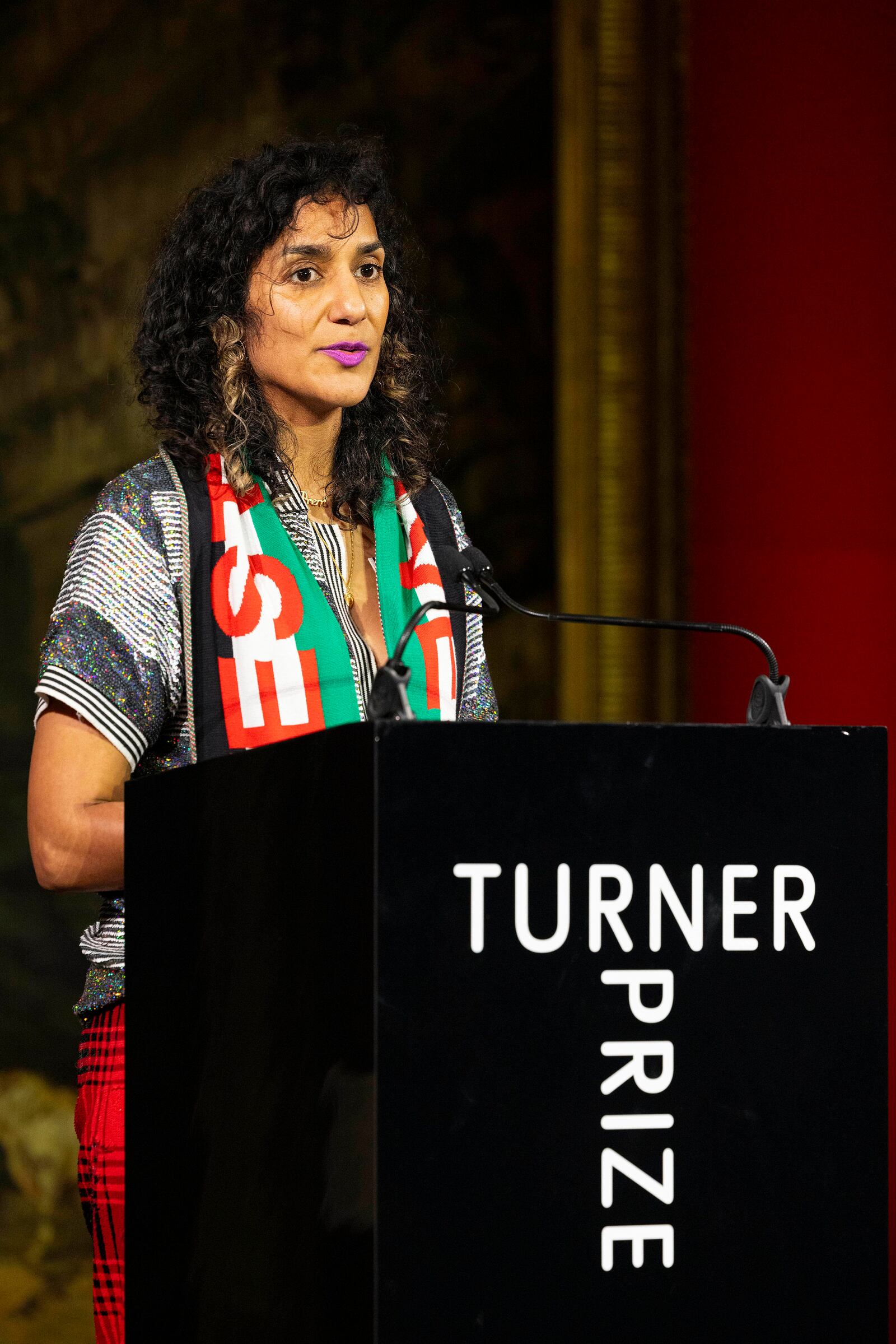 Jasleen Kaur is announced as the winner of the Turner Prize 2024 at Tate Britain, in London, Tuesday, Dec. 3, 2024. (David Parry/PA via AP)