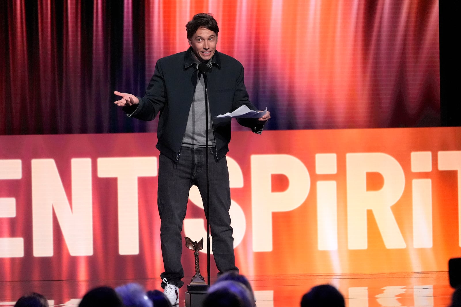 Sean Baker accepts the award for best director for "Anora" during the Film Independent Spirit Awards on Saturday, Feb. 22, 2025, in Santa Monica, Calif. (AP Photo/Chris Pizzello)