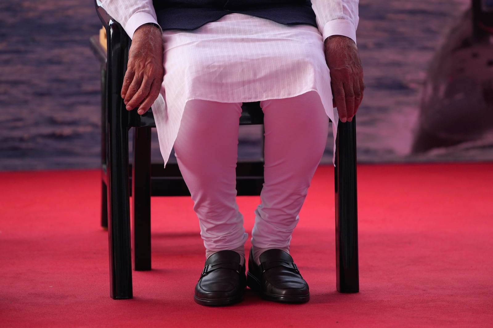 Indian Prime Minister Narendra Modi attends the commissioning ceremony of a submarine, a destroyer and a frigate built at a state-run shipyard in Mumbai,, India, Wednesday, Jan. 15, 2025. (AP Photo/Rafiq Maqbool)