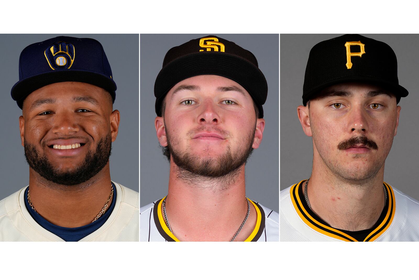 FILE - From left are baseball players, Milwaukee Brewers' Jackson Chourio, San Diego Padres' Jackson Merrill and Pittsburgh Pirates' Paul Skenes, in 2024. (AP Photo/File)