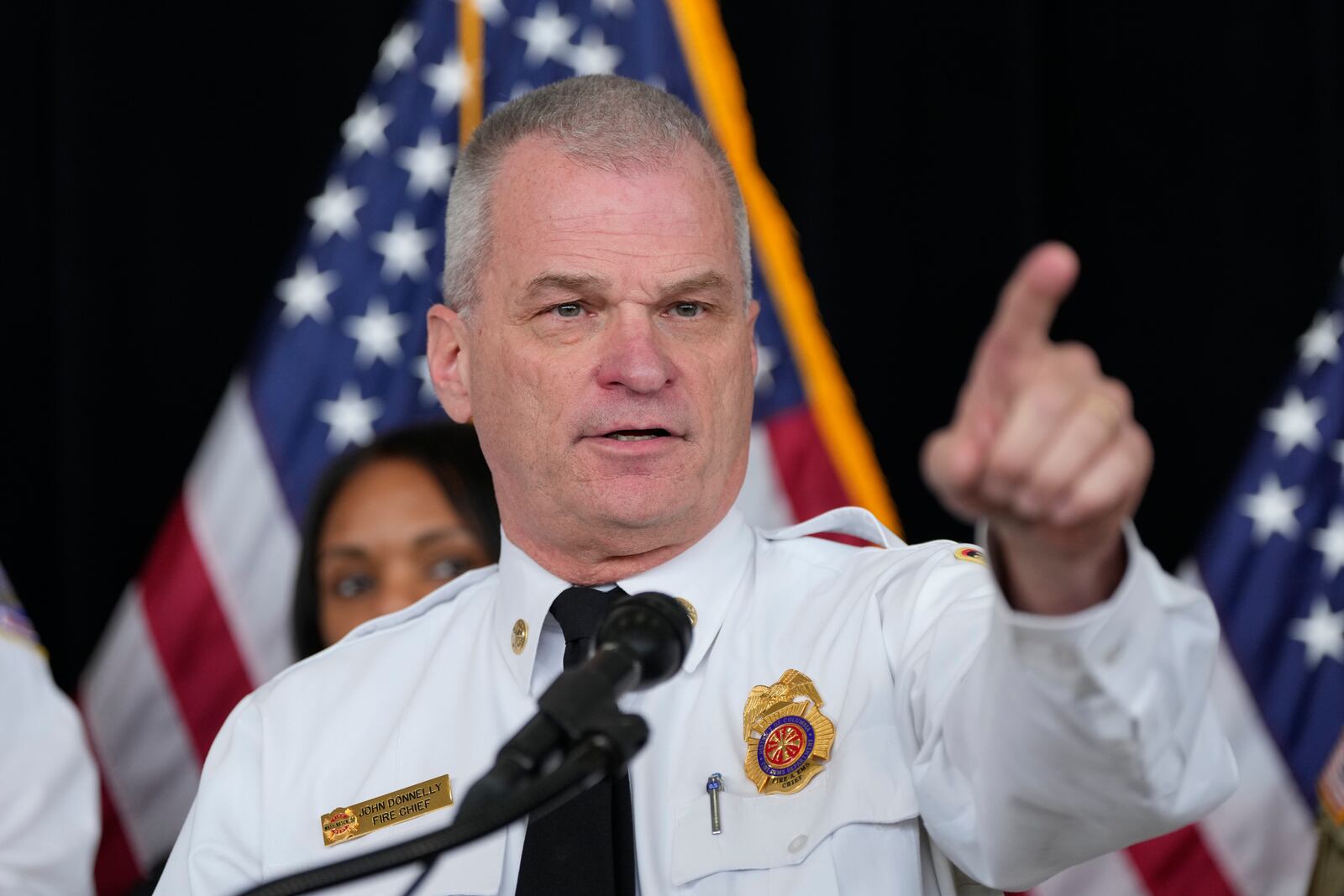 D.C. Fire and EMS Chief John Donnelly speaks during a news conference at Ronald Reagan Washington National Airport, Friday, Jan. 31, 2025, in Arlington, Va. (AP Photo/Alex Brandon)