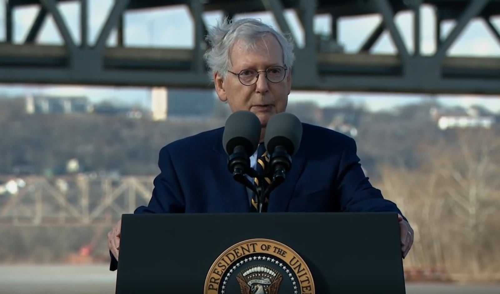 U.S. Senator Mitch McConnell speaks Jan. 4, 2023 ahead of U.S. President Joe Biden, who was in Covington, Ky. to tout his infrastructure bill. CONTRIBUTED