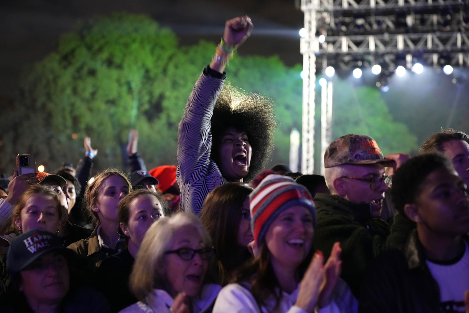 The crowd reacts as Democratic presidential nominee Vice President Kamala Harris speaks during a campaign rally outside the Philadelphia Museum of Art, Monday, Nov. 4, 2024, in Philadelphia. (AP Photo/Jacquelyn Martin)