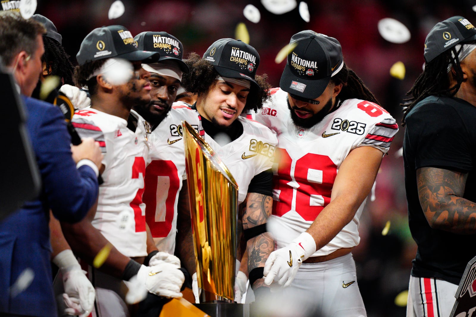 Ohio State celebrates after their win against Notre Dame in the College Football Playoff national championship game Monday, Jan. 20, 2025, in Atlanta. (AP Photo/Jacob Kupferman)