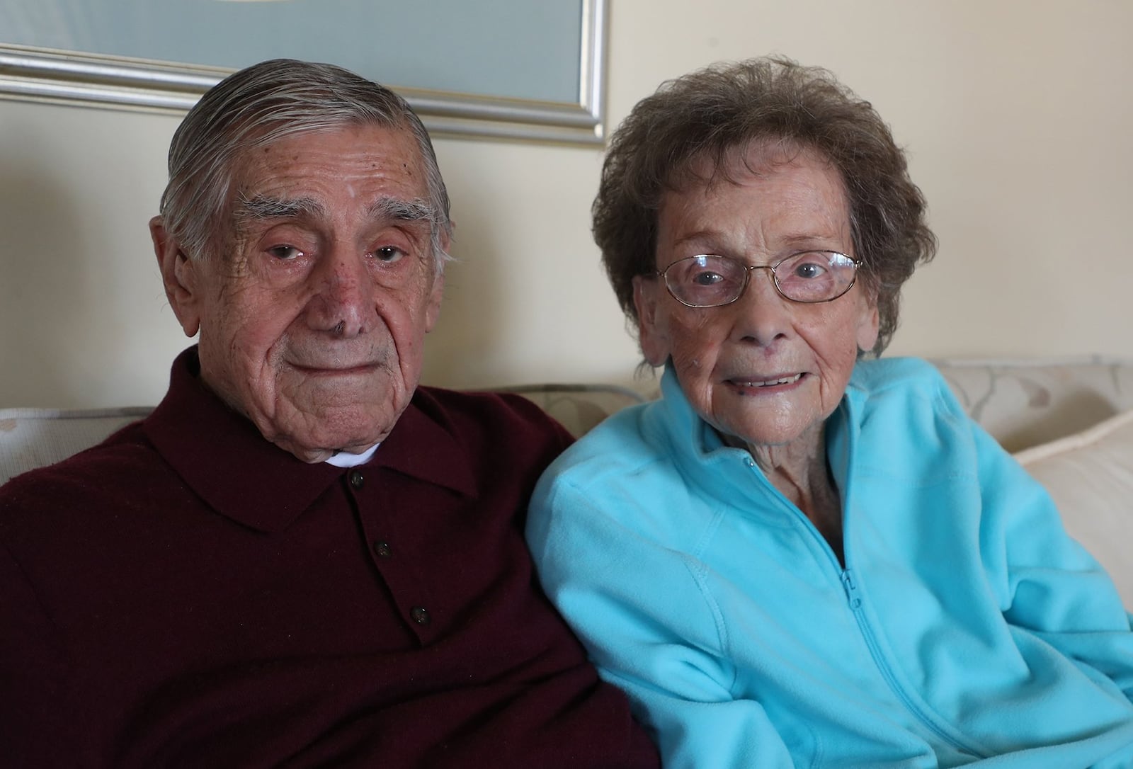 Frank and Gladys Vecchio sit together. Gladys turned 100 earlier this month and Frank turns 100 next month. The couple have been married for 75 years. BILL LACKEY/STAFF