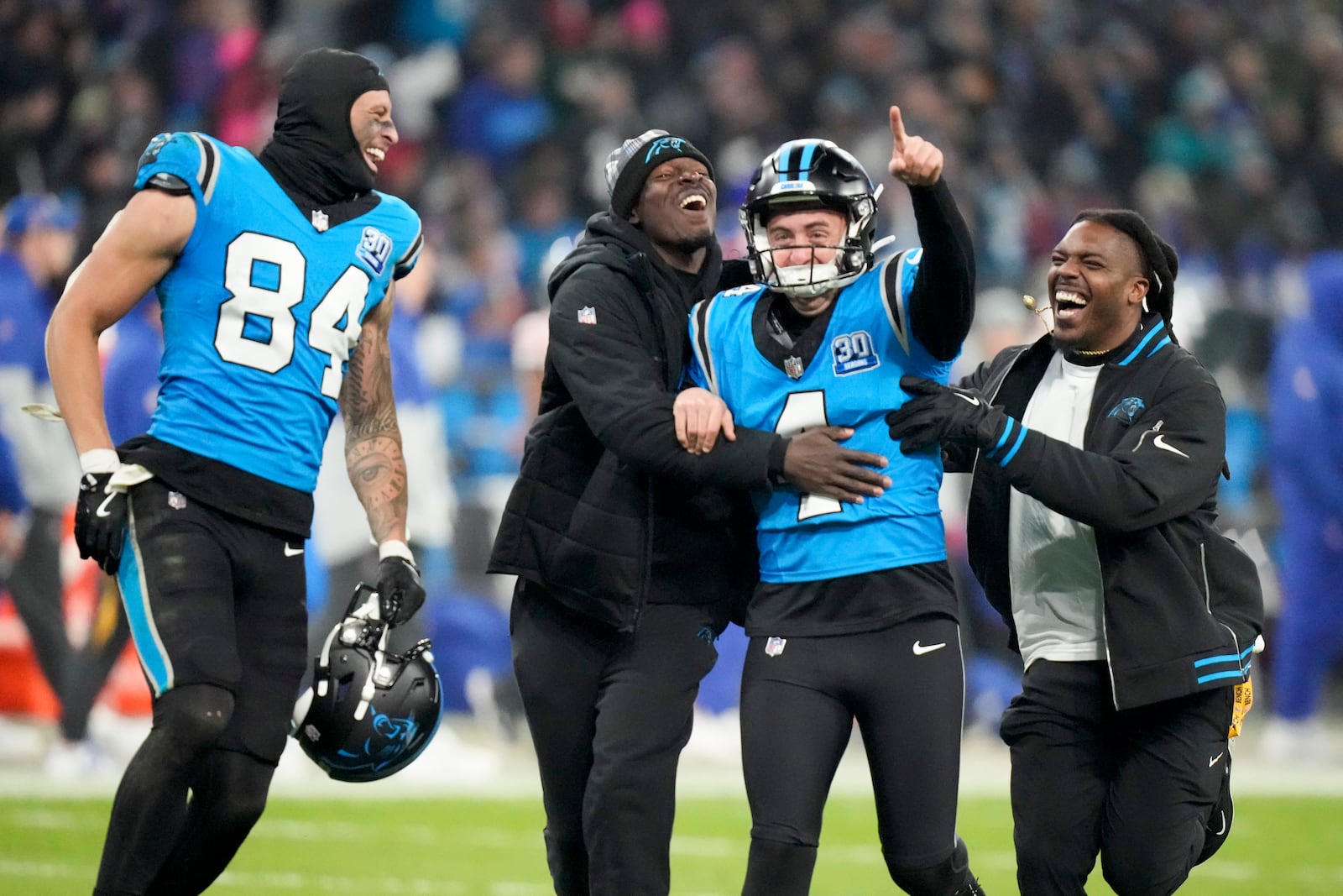 Carolina Panthers kicker Eddy Pineiro celebrates after kicking the game-winning field goal in overtime against New York Giants during an NFL football game, Sunday, Nov. 10, 2024, in Munich, Germany. (AP Photo/Matthias Schrader)