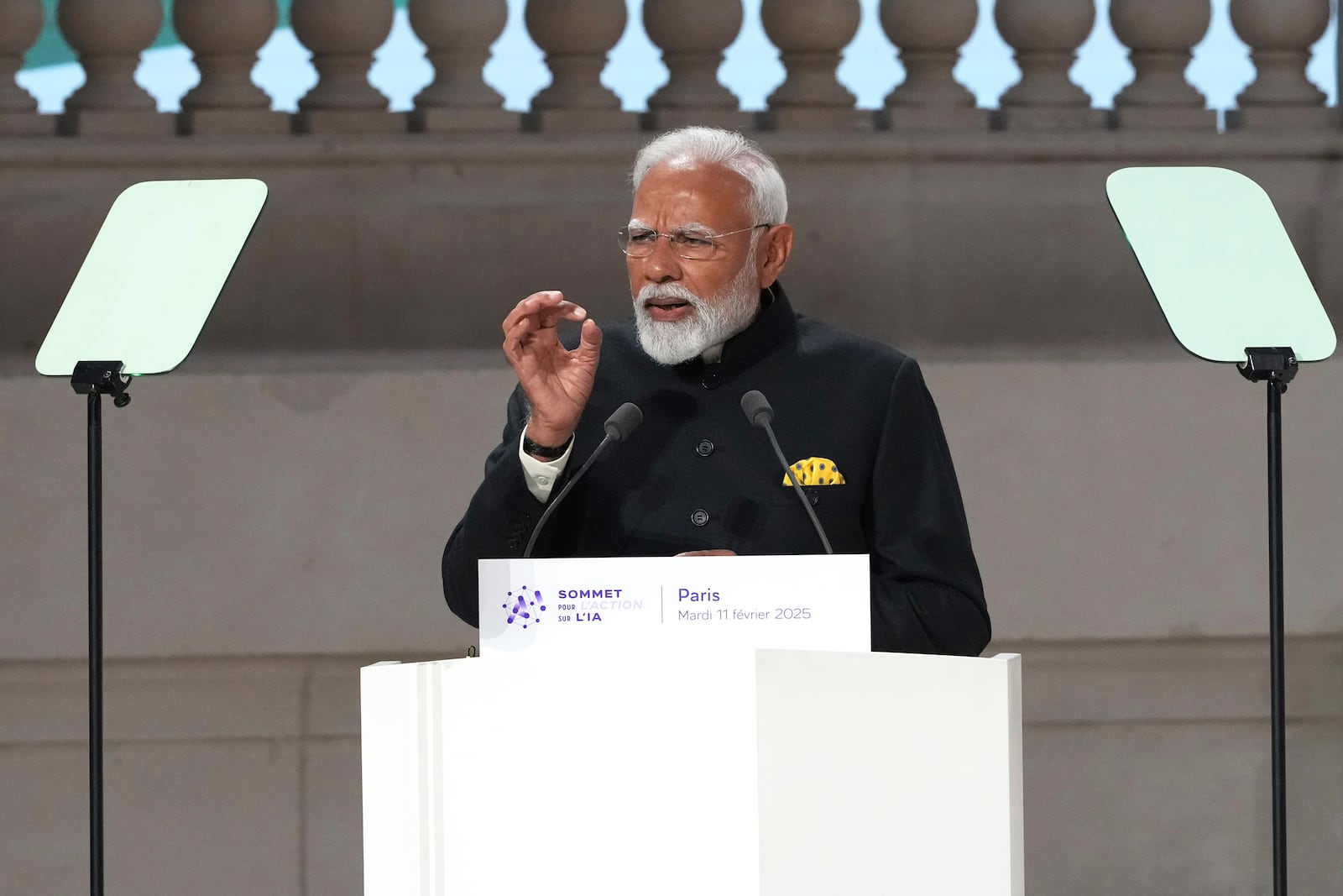 India's Prime Minister Narendra Modi addresses the audience at the Grand Palais during the Artificial Intelligence Action Summit in Paris, Tuesday, Feb. 11, 2025. (AP Photo/Michel Euler)