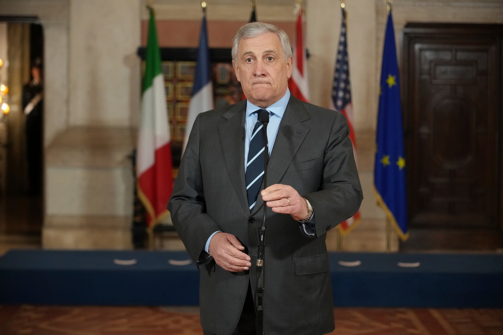 Italian Foreign Minister Antonio Tajani speaks to the media a he arrives for a meeting at Rome's Villa Madama, Thursday, Jan. 9, 2025 on the situation in Syria after the collapse of the Assad regime. (AP Photo/Andrew Medichini