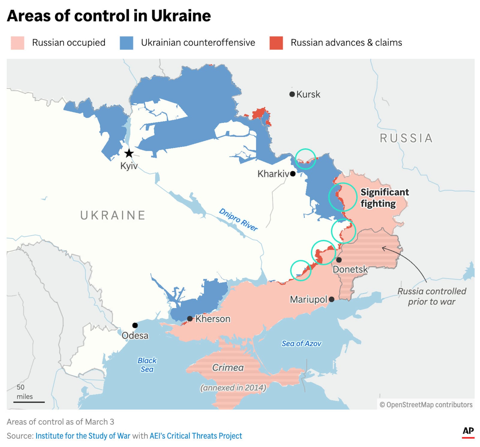 The map above shows the current areas of control and fighting across Ukraine as of March 3. (AP Graphic)