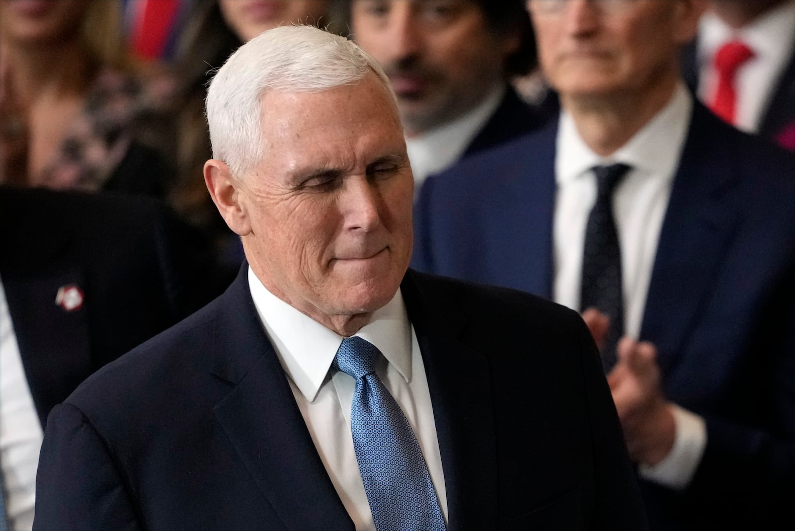 Former Vice President Mike Pence arrives before the 60th Presidential Inauguration in the Rotunda of the U.S. Capitol in Washington, Monday, Jan. 20, 2025. (AP Photo/Julia Demaree Nikhinson, Pool)