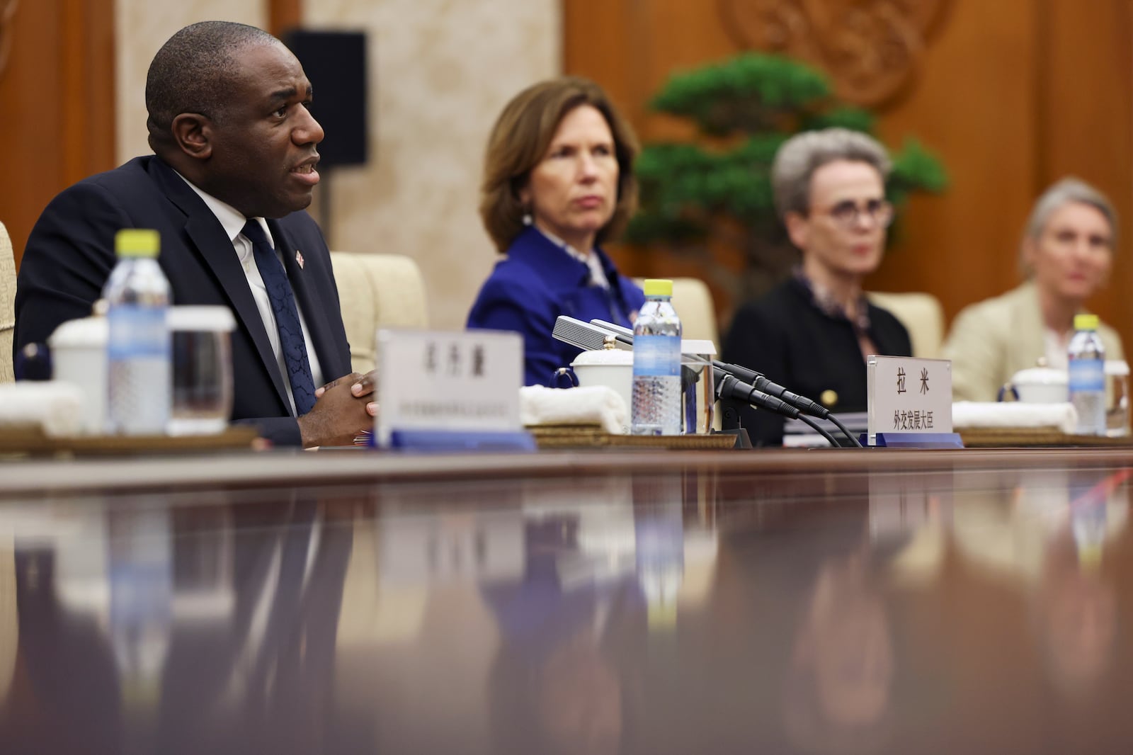 Britain's Foreign Secretary David Lammy attends a meeting with Chinese Foreign Minister Wang Yi at the Diaoyutai State Guesthouse in Beijing, China, Friday, Oct. 18, 2024. (Florence Lo/Pool Photo via AP)