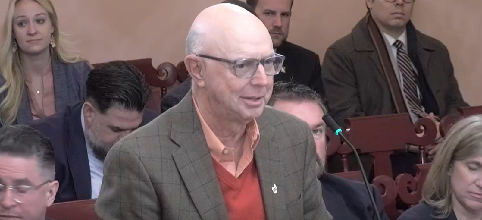 Dennis Blank, a pharmacist currently practicing part-time for the Medicine Shoppe of Urbana, testifying before the Ohio House Insurance Committee on Dec. 4, 2024, in favor of H.B. 505, or the Community Pharmacy Protection Act. COURTESY OF THE OHIO CHANNEL