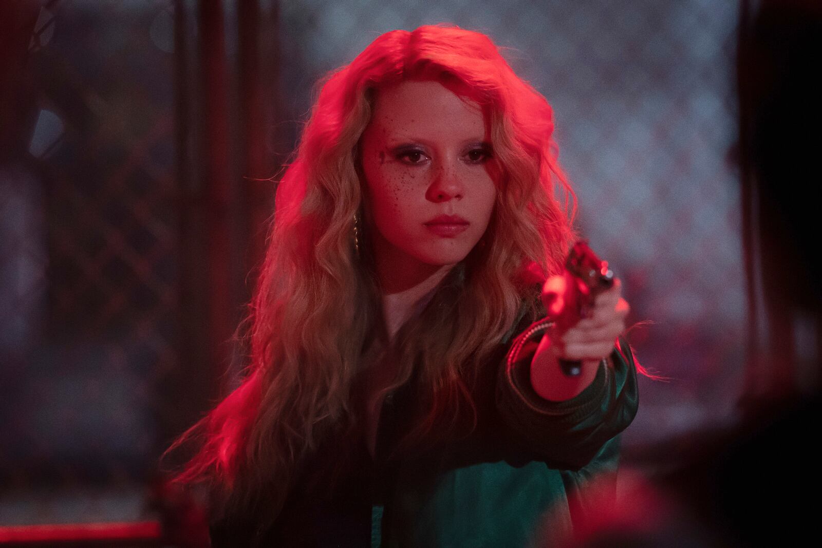 This image released by A24 shows Mia Goth in a scene from "MaXXXine." (Justin Lubin/A24 via AP)