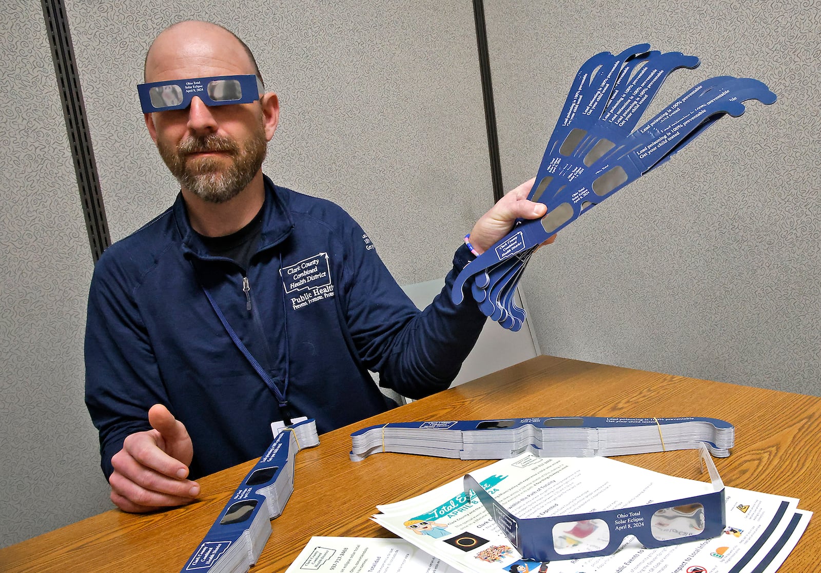 Nate Smith, from the Clark County Combined Health District, wanted everyone to know that the health district has special eclipse glasses that will allow people to view the eclipse safely. They also have literature about viewing the eclipse. BILL LACKEY/STAFF